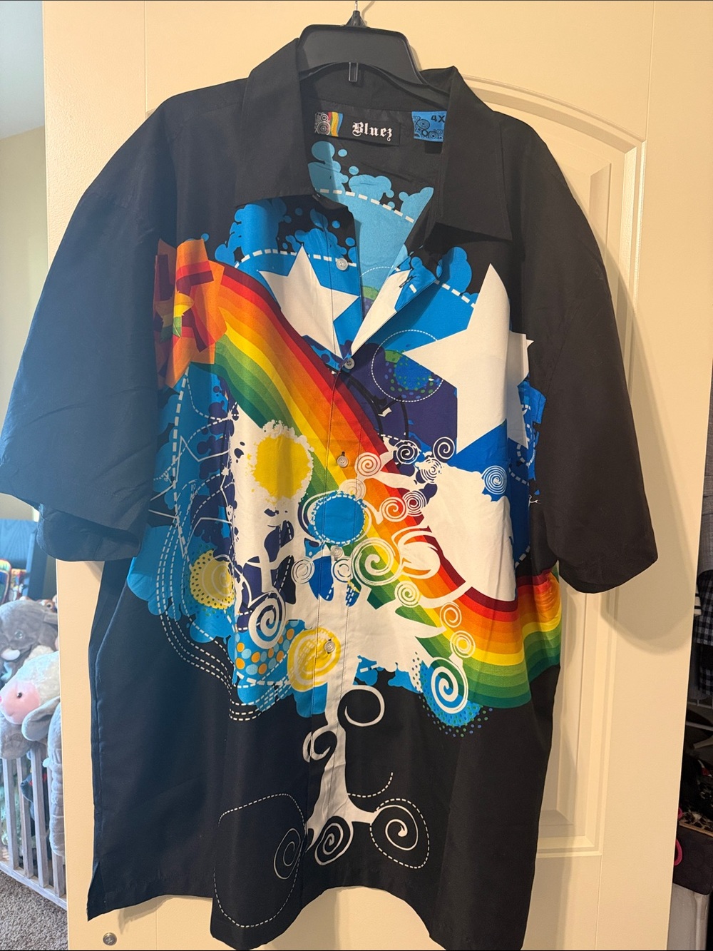 Vintage BLUEZ Men's Black Rainbow Graphic Button-Down Shirt